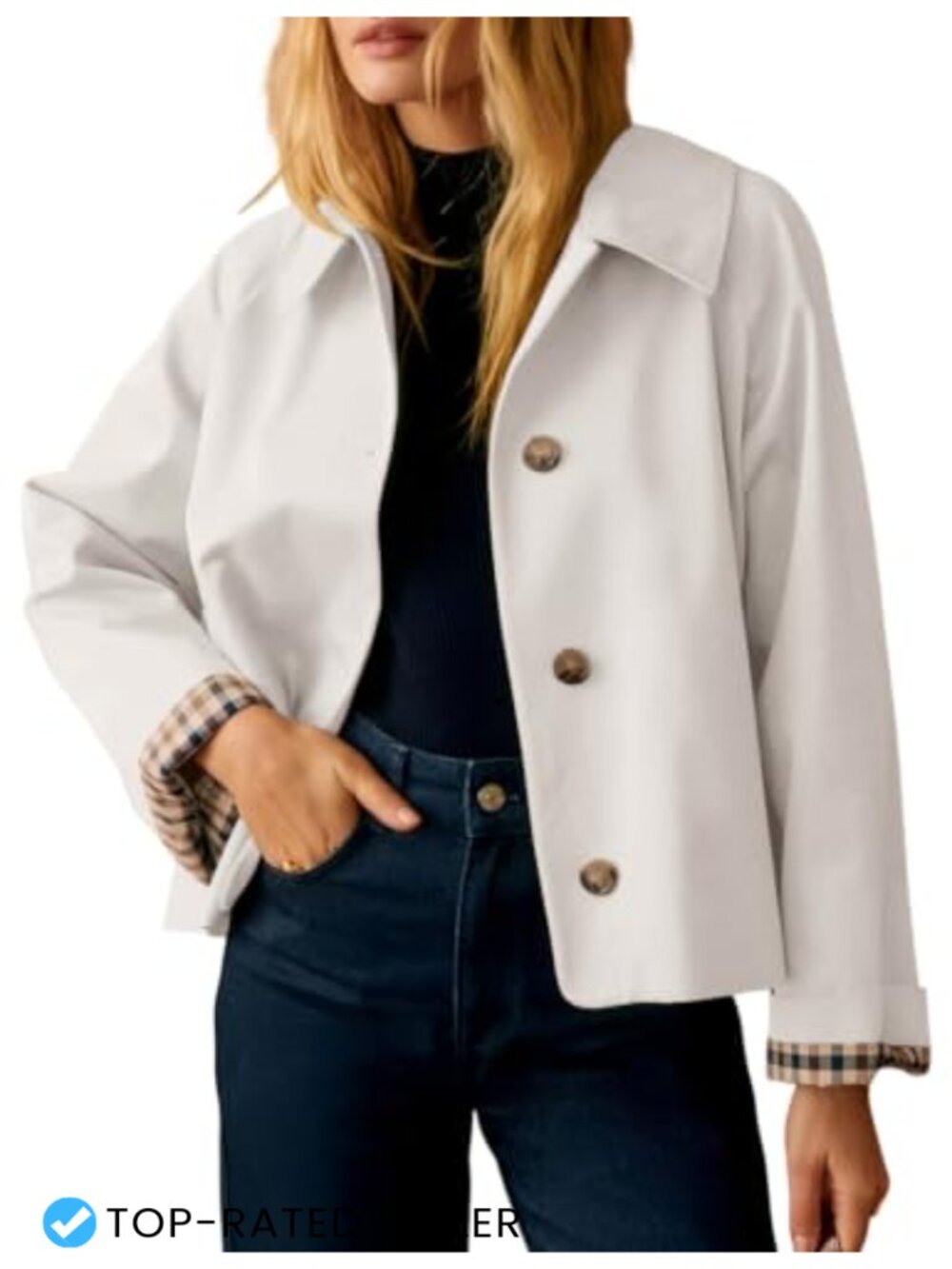 Women's Trench Coat Plaid Lining Button Down Crop Jacket